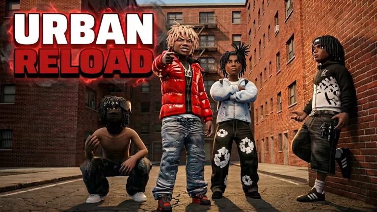 Urban Reload characters standing in a brick alley between city buildings